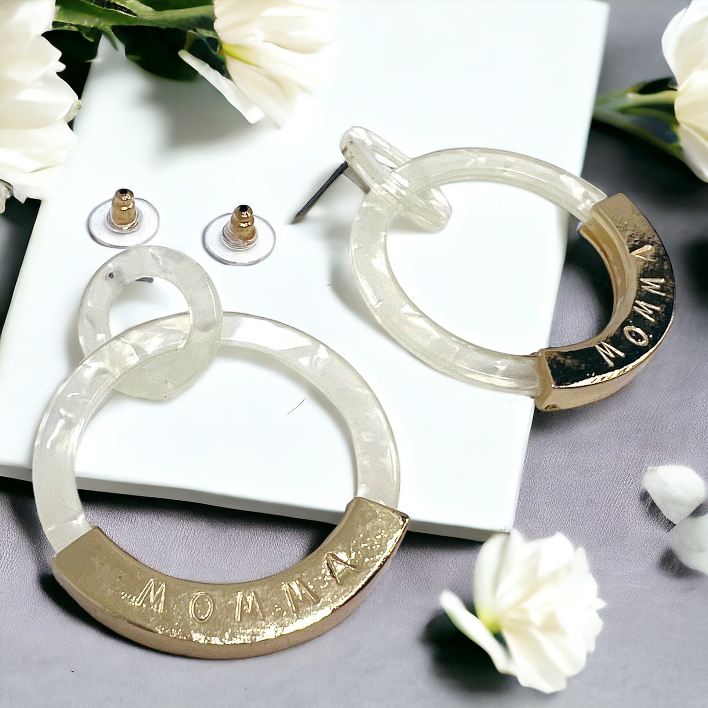 Unique Handmade Acrylic and Gold Earrings - "MAMA" Stamped - Great Gift for Mom!