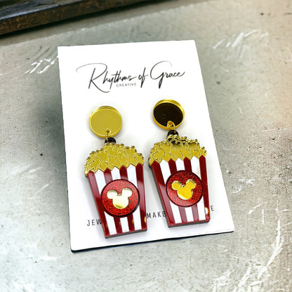 Popcorn Magic: Mouse Ears Dangle Earrings for Movie Lovers!