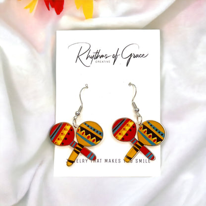 Fiesta Maracas Earrings - Mexican Noise Makers, Halloween Earrings, Halloween Costume, Cinco de Mayo, Taco Tuesday, Dia de los Muertos - Rhythms of Grace Creative
