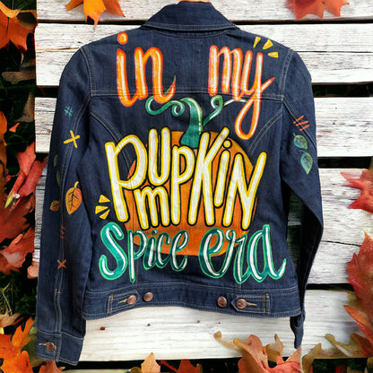 Hand Painted Jean Jacket: “In My Pumpkin Spice Era” I Ladies Size Small