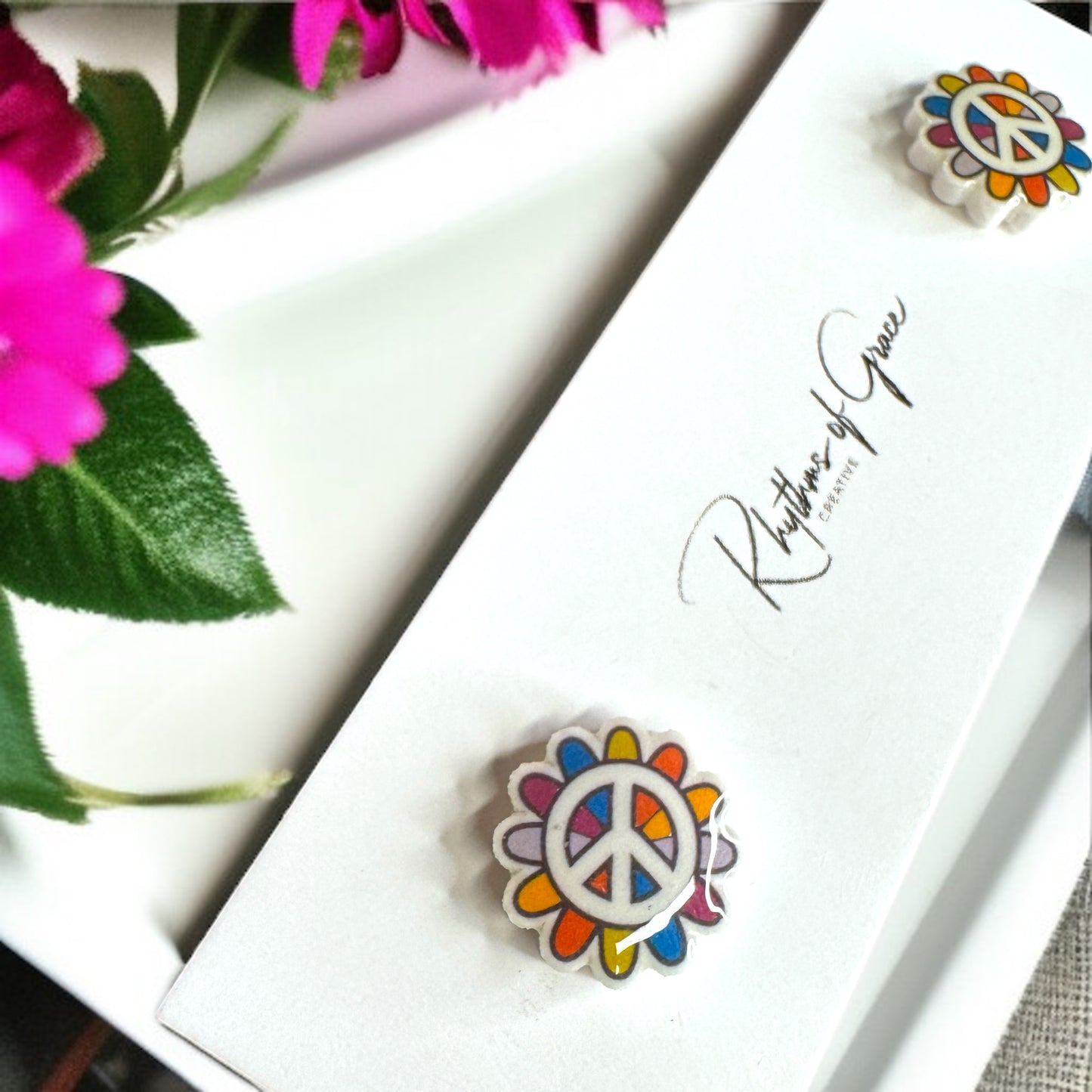 Spread the Love with Rainbow Peace Flower Stud Earrings!