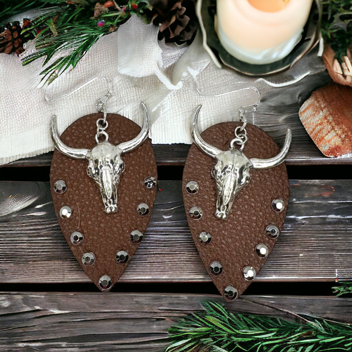 Stunning Western Bull Head Dangle Earrings - Brown Leather, Zinc Alloy, Stainless Steel & Rhinestones