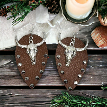 Stunning Western Bull Head Dangle Earrings - Brown Leather, Zinc Alloy, Stainless Steel & Rhinestones