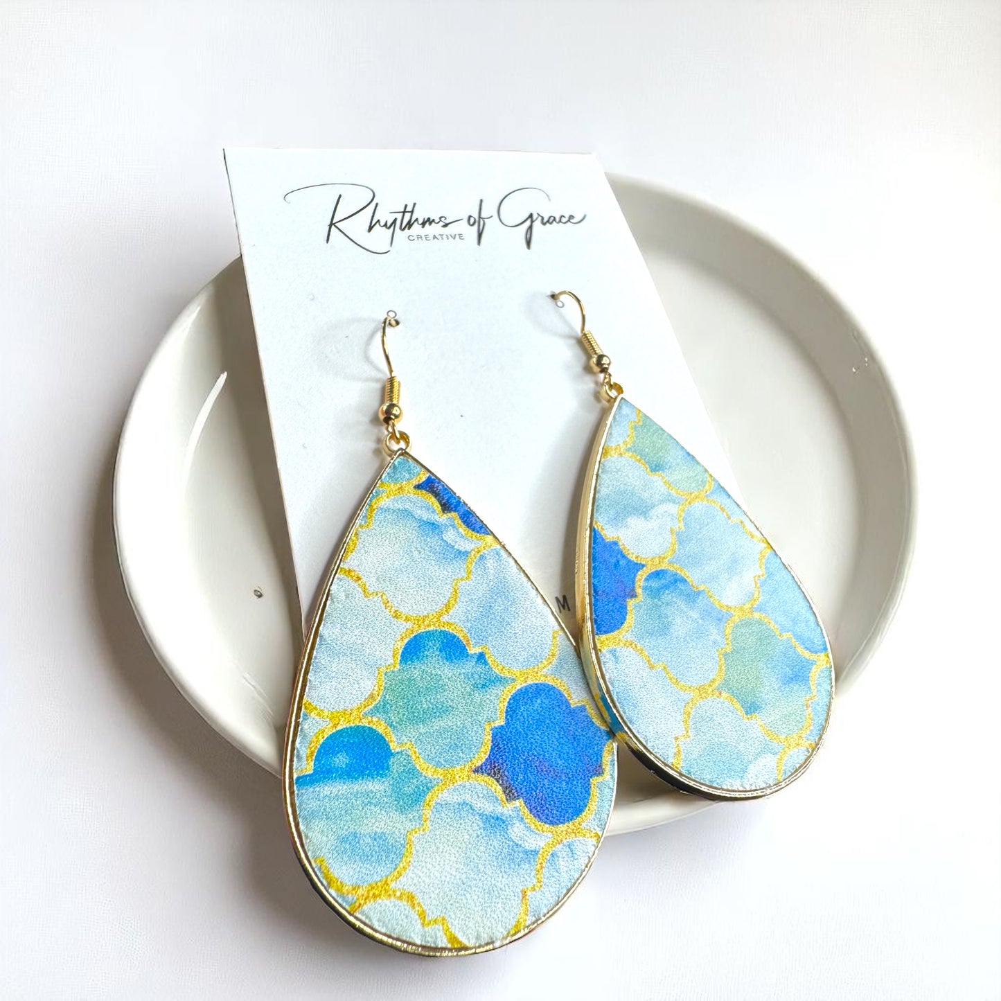 Beach Bliss: Blue, Gold & White Teardrop Dangle Earrings for Stylish Days!