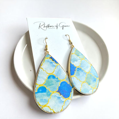 Beach Bliss: Blue, Gold & White Teardrop Dangle Earrings for Stylish Days!