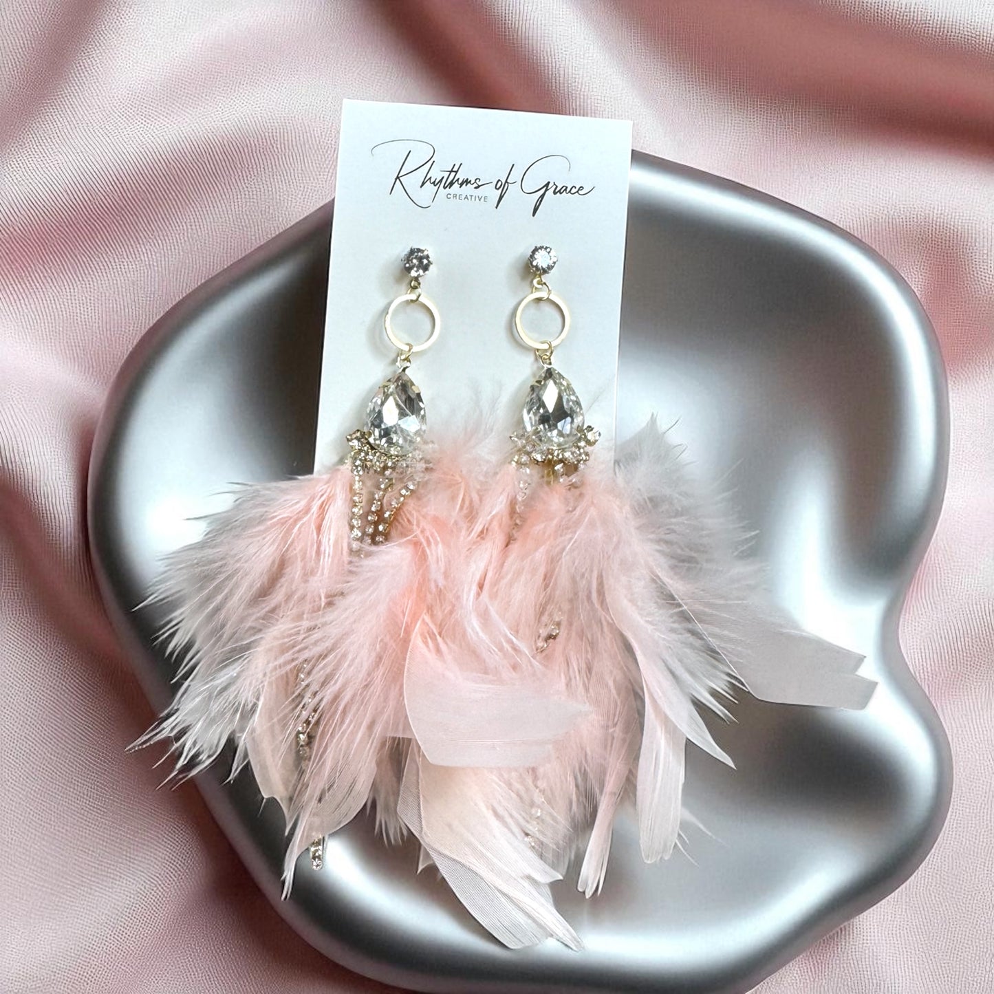 Dreamy Pink Feather Earrings – Rhinestone Dangles for Boho Queens
