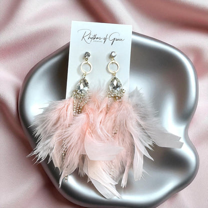 Dreamy Pink Feather Earrings – Rhinestone Dangles for Boho Queens