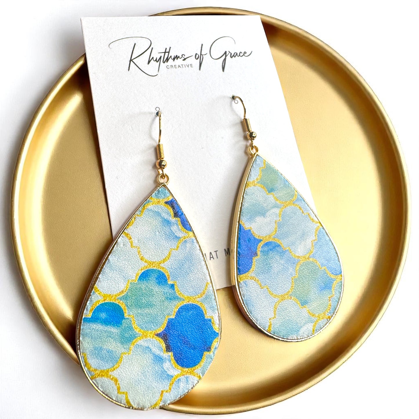 Beach Bliss: Blue, Gold & White Teardrop Dangle Earrings for Stylish Days!
