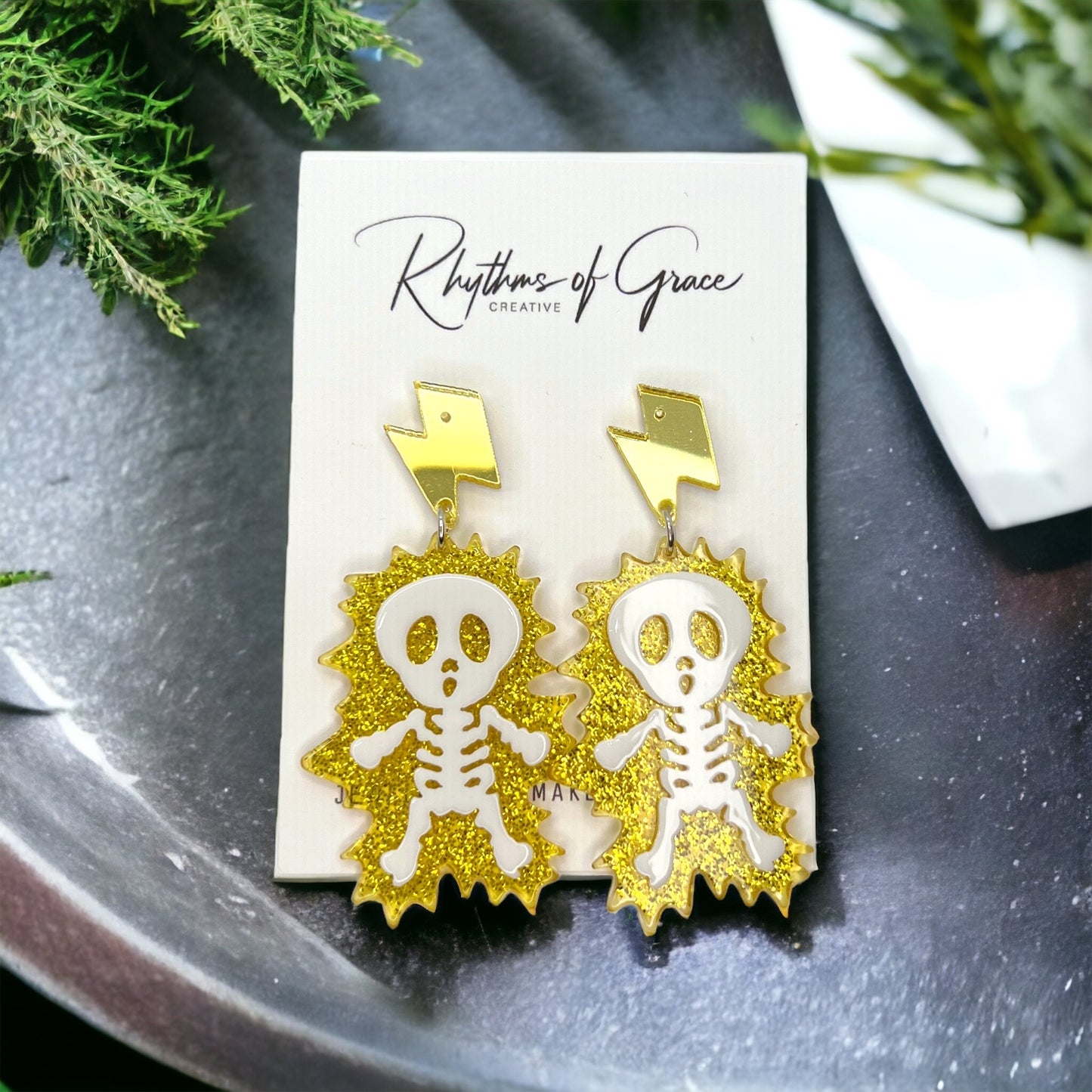 Electrify Your Look: Gold Electrocuted Skeleton Dangle Earrings for a Spook-tacular Style! - Rhythms of Grace Creative