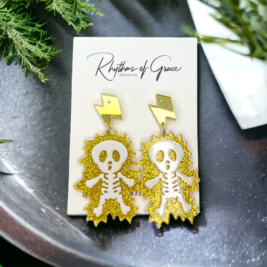 Electrify Your Look: Gold Electrocuted Skeleton Dangle Earrings for a Spook-tacular Style! - Rhythms of Grace Creative