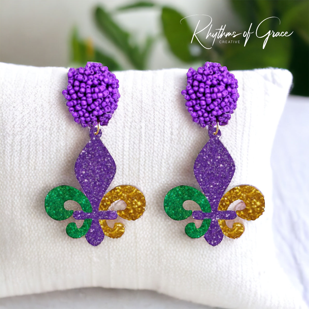 Mardi Gras Magic: Dazzling Beaded Fleur de Lis Dangle Earrings! - Rhythms of Grace Creative