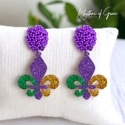 Mardi Gras Magic: Dazzling Beaded Fleur de Lis Dangle Earrings! - Rhythms of Grace Creative
