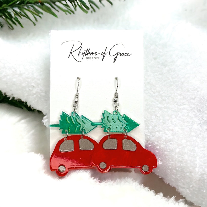 Haulin’ Holiday Cheer Earrings – Red Car with Tree Dangles!🎄