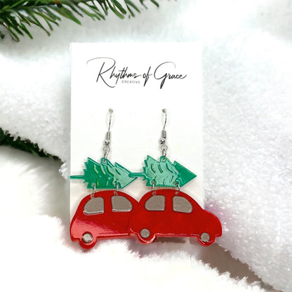 Haulin’ Holiday Cheer Earrings – Red Car with Tree Dangles!🎄