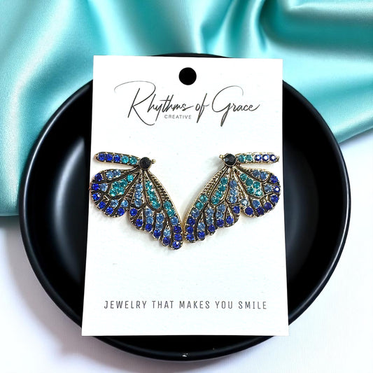 Sparkling Blue Rhinestone Butterfly Wing Earrings – Oversized Glam!