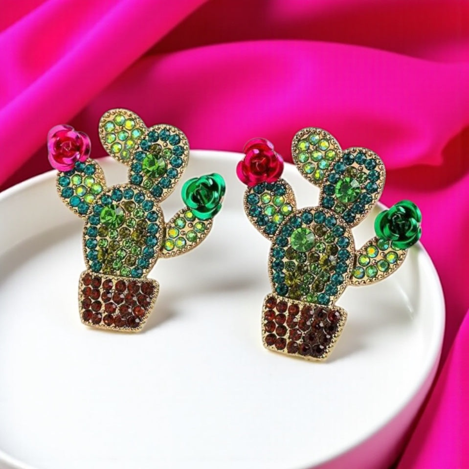 Bloom Boldly with These Rhinestone Cactus Earrings!🌵