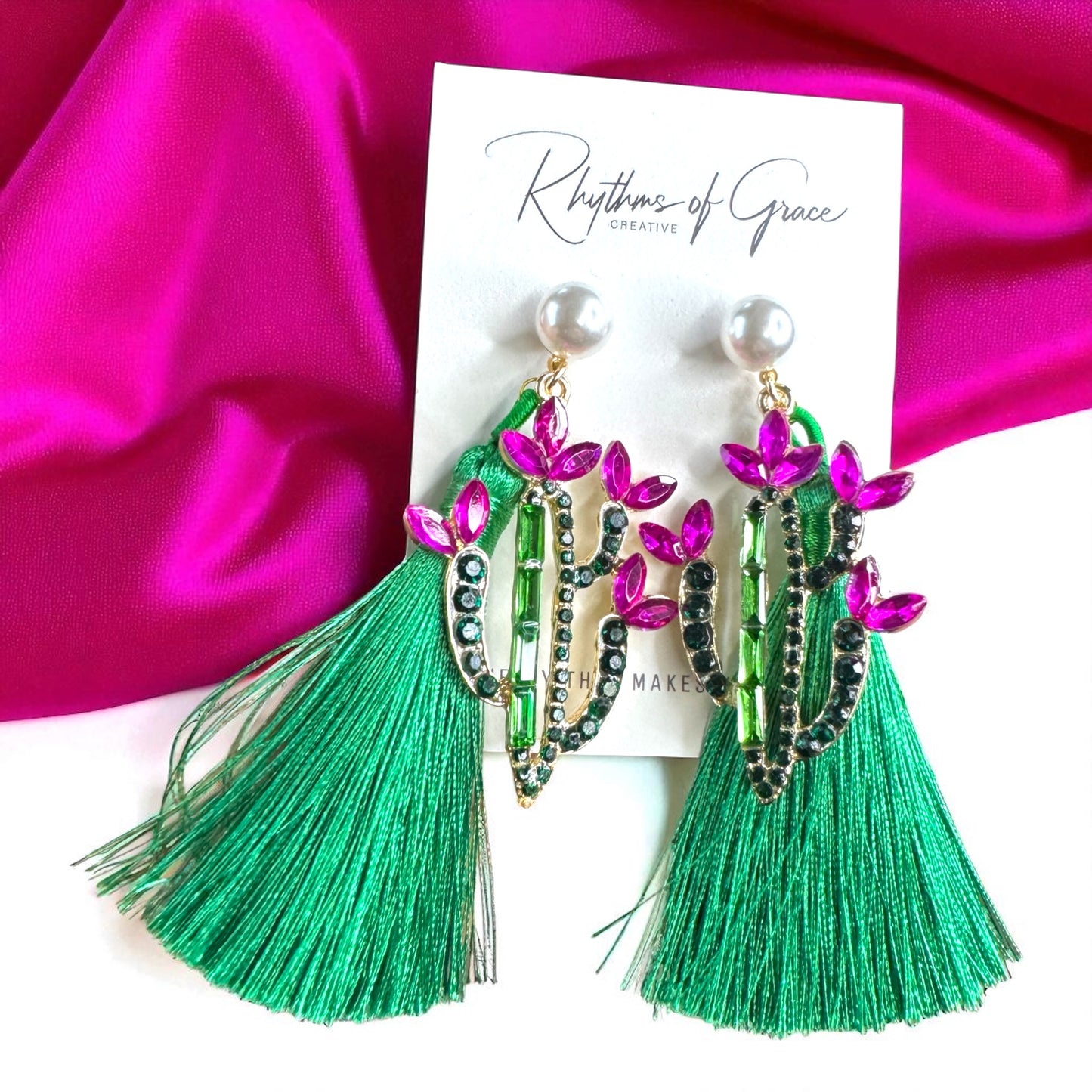 Sparkle in the Desert – Rhinestone Cactus Tassel Earrings 🌵