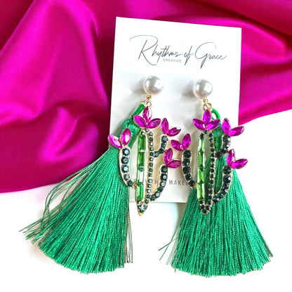 Sparkle in the Desert – Rhinestone Cactus Tassel Earrings 🌵