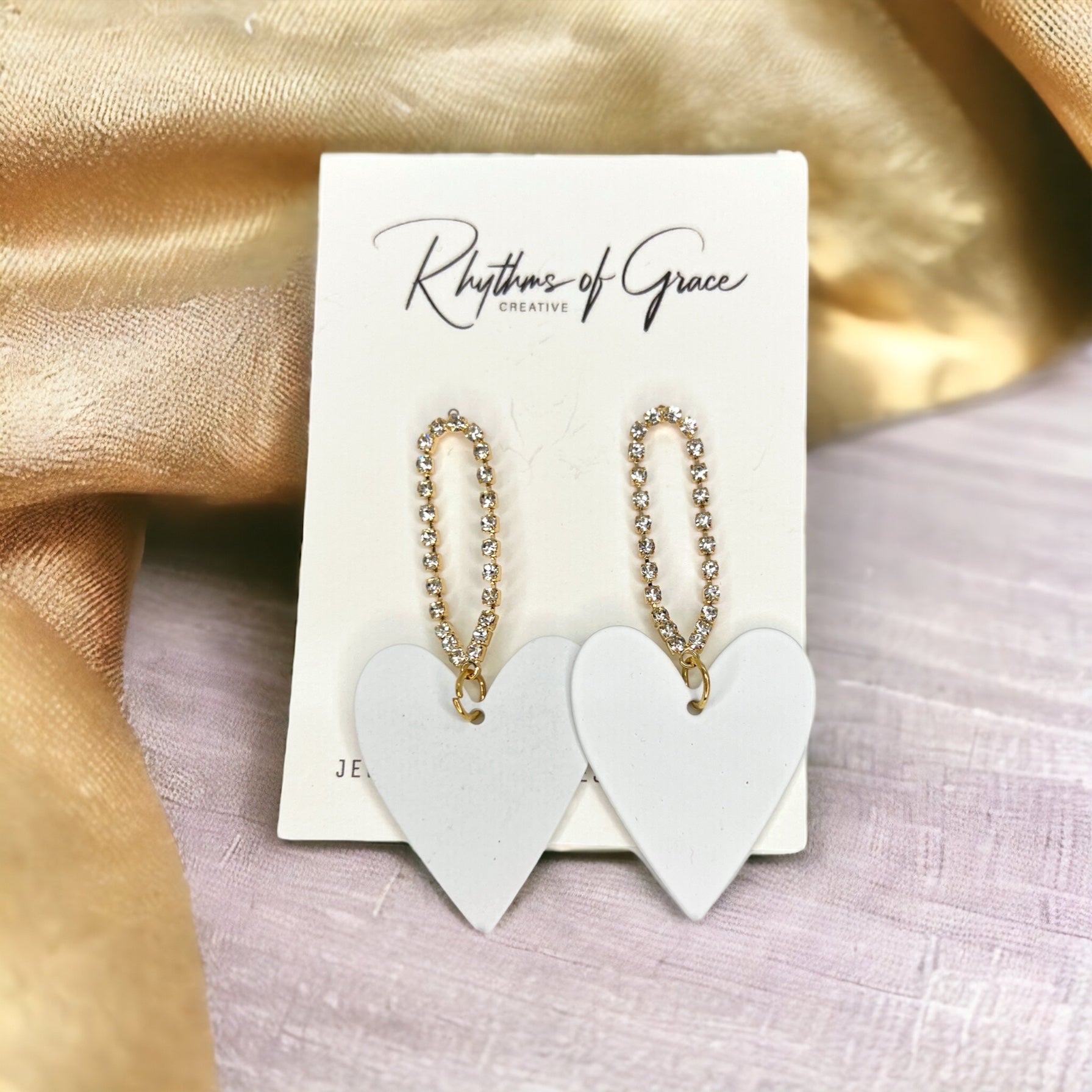 White Heart Earrings - Rhinestone Earrings, White Earrings, Handmade Earrings, Heart Accessories - Rhythms of Grace Creative