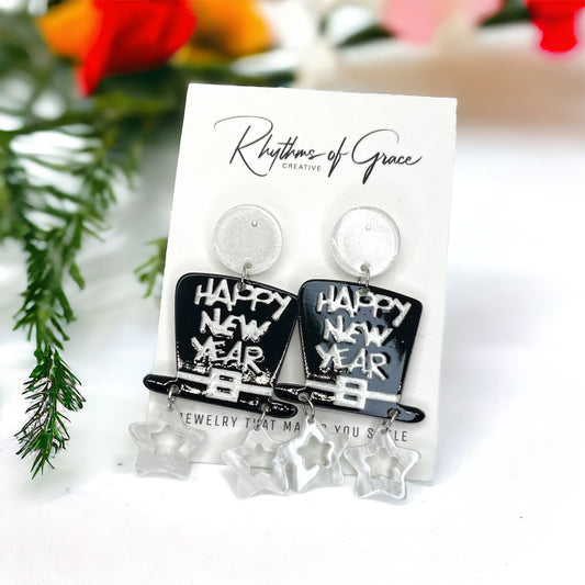Black & White “Happy New Year” Earrings - Rhythms of Grace Creative