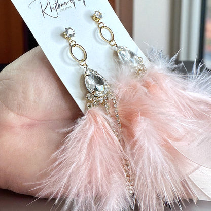 Dreamy Pink Feather Earrings – Rhinestone Dangles for Boho Queens