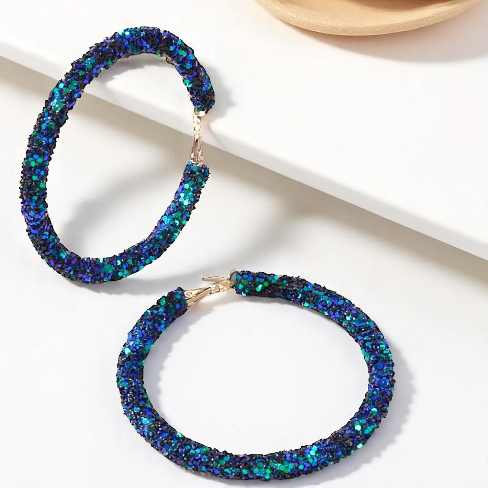 Shimmering Elegance: Blue and Green Glitter Hoops