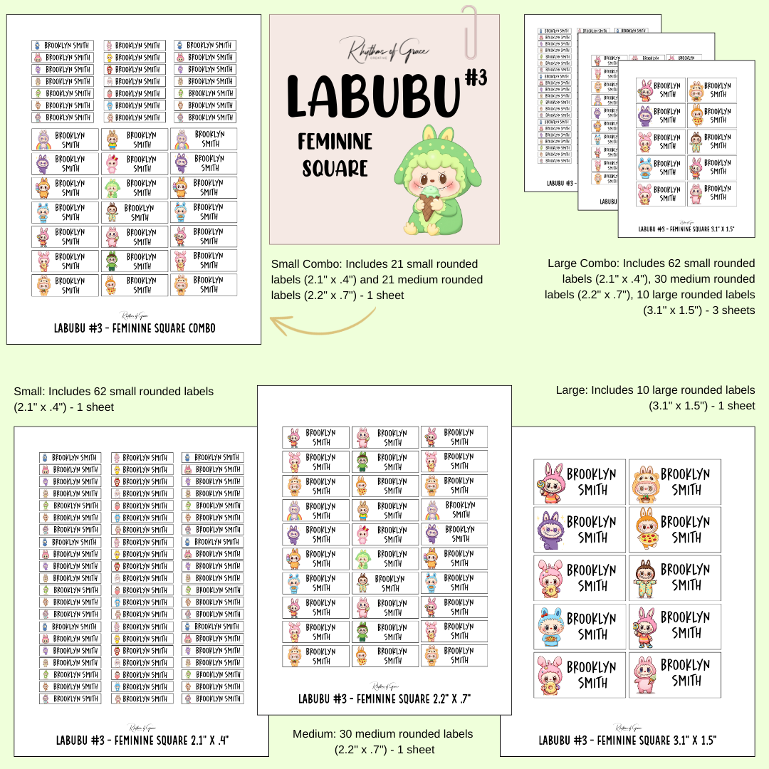 Collection of Labubu labels with product details on a white background