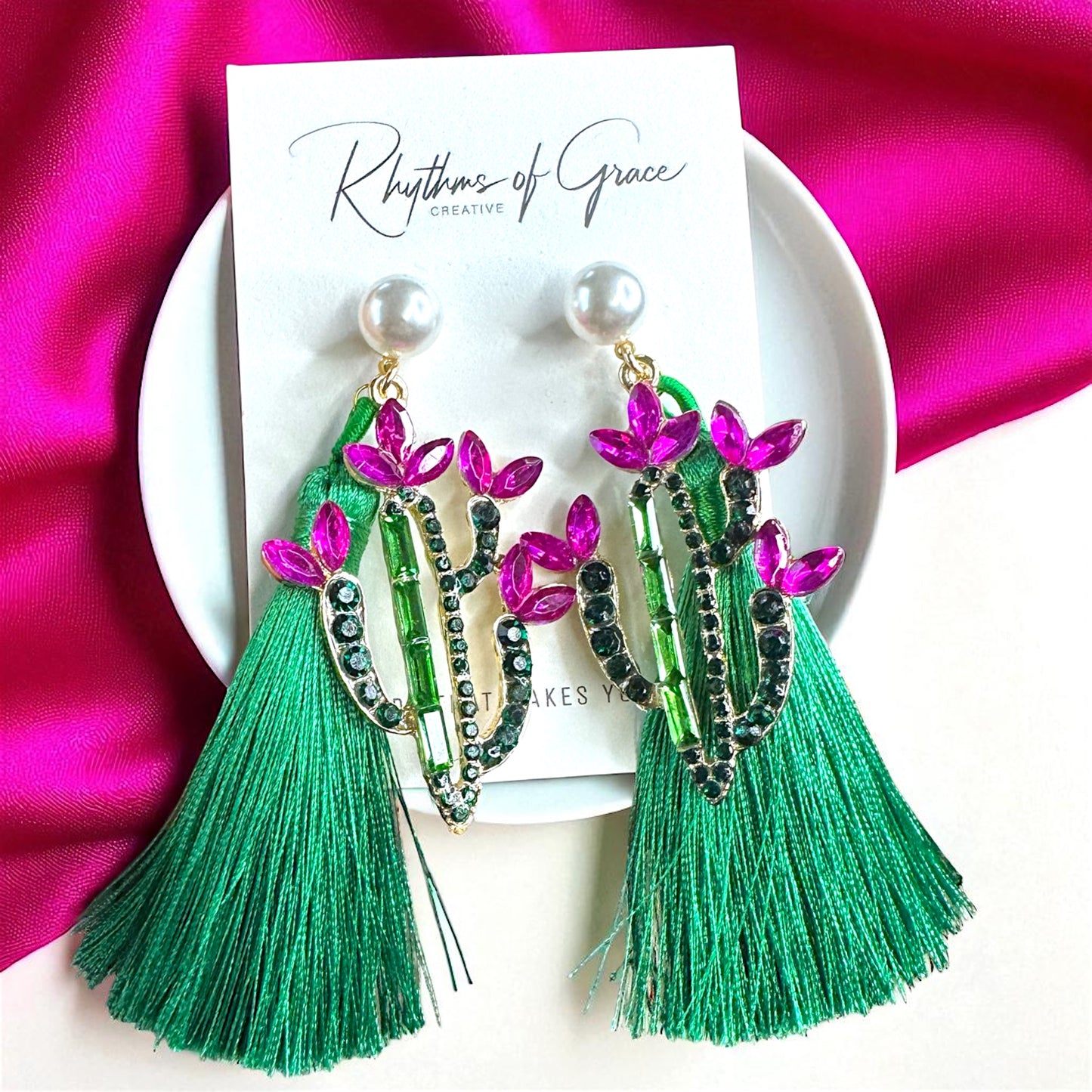 Sparkle in the Desert – Rhinestone Cactus Tassel Earrings 🌵