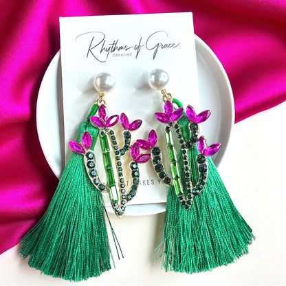 Sparkle in the Desert – Rhinestone Cactus Tassel Earrings 🌵
