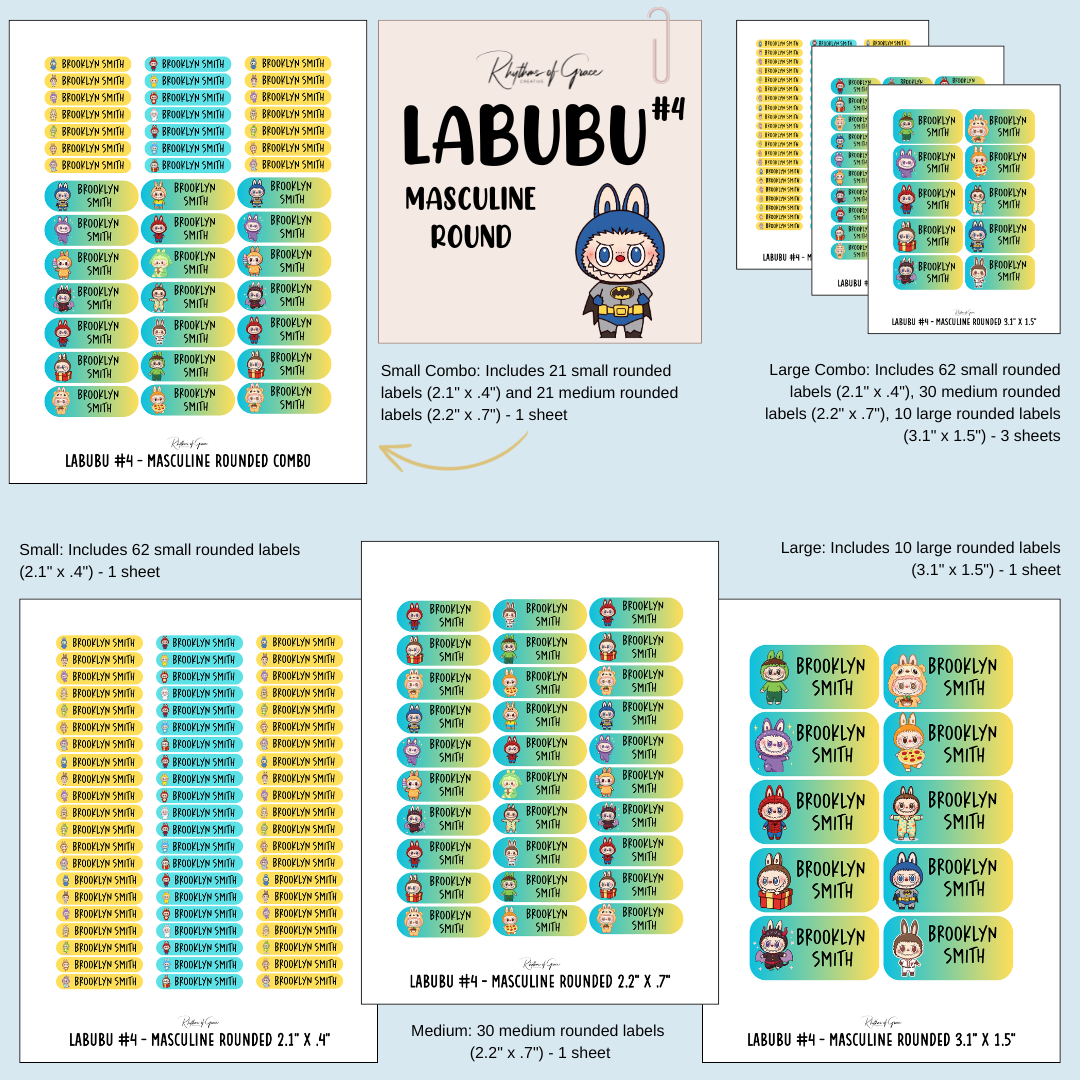 Collection of Labubu labels with different sizes and designs on a blue background