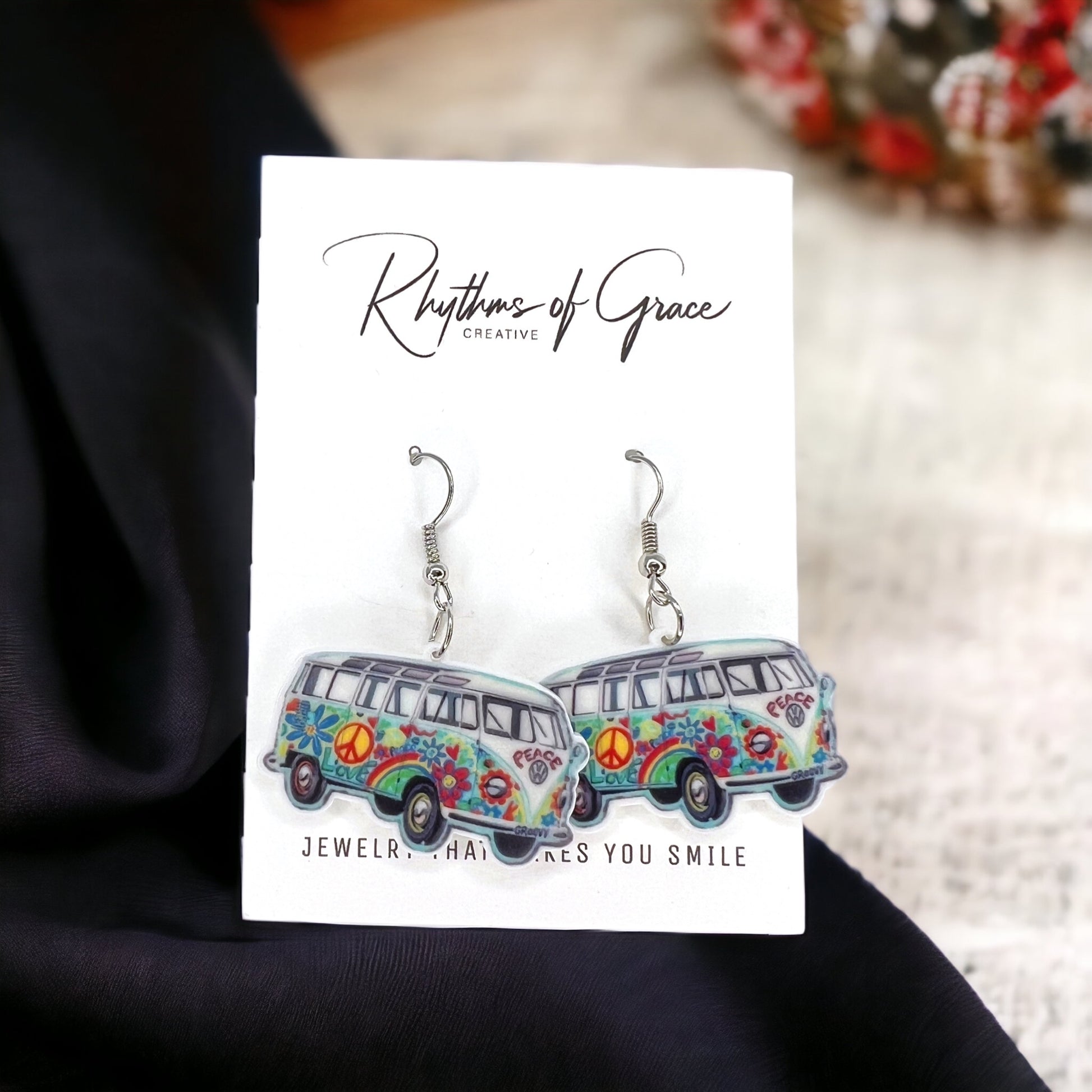 Hippie Van Earrings - Van Accessories, Roadtrip Earrings, Travel Accessories, Flower Power - Rhythms of Grace Creative