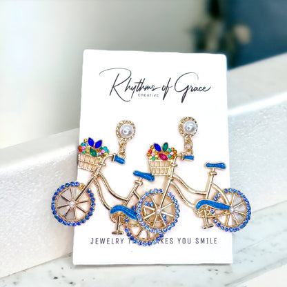 Two-Wheeled Sparkle – Bicycle Earrings with Floral Flair