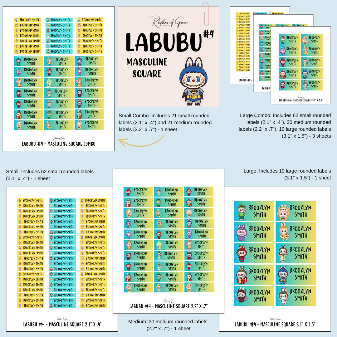 Collection of Labubu labels with different sizes and designs on a blue background