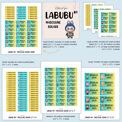 Collection of Labubu labels with different sizes and designs on a blue background