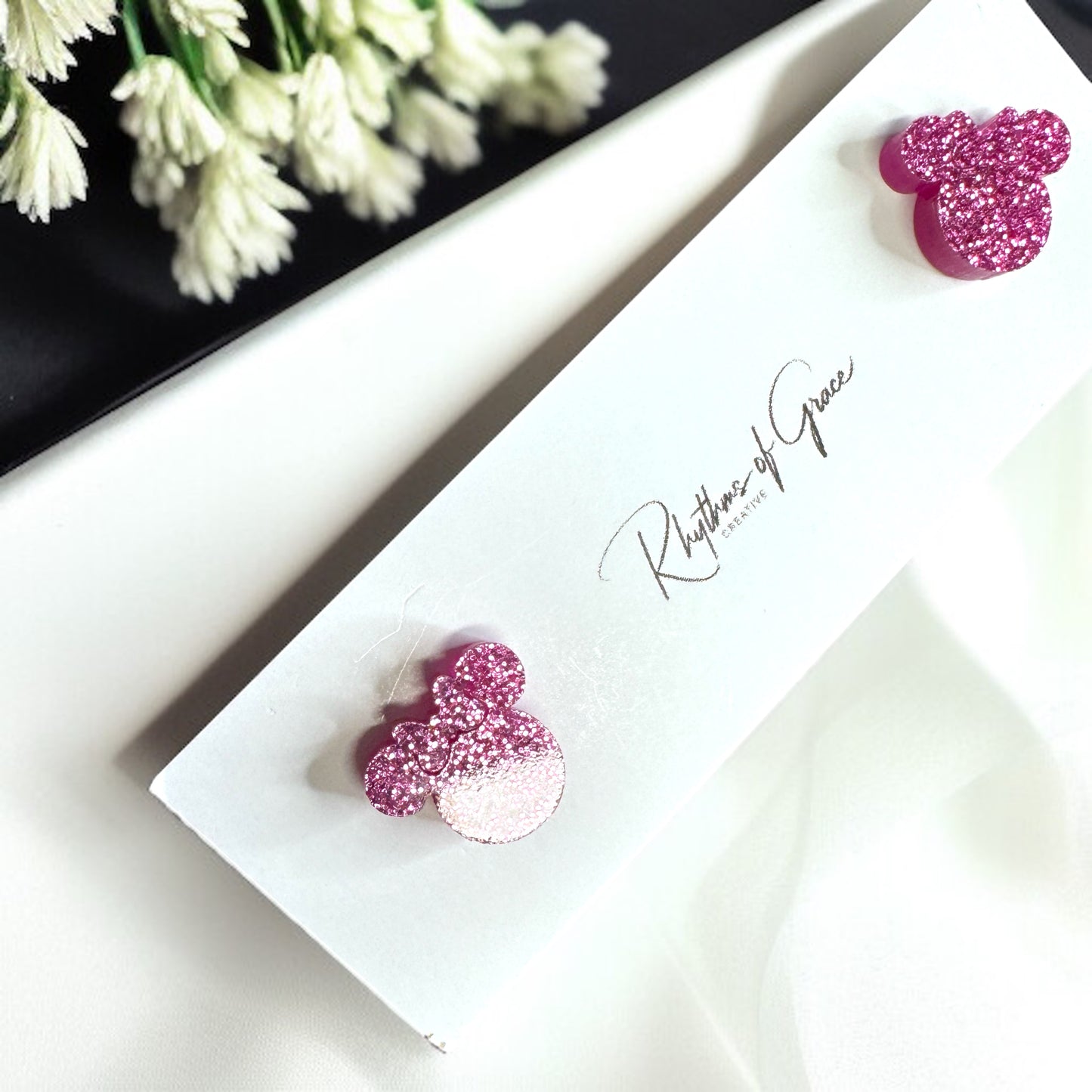 Sparkle & Shine with Pink Glitter Mouse Ears Stud Earrings!