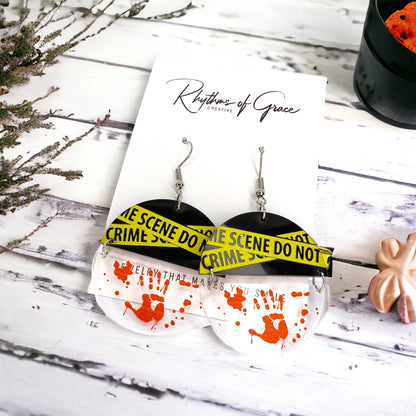 Crime Scene Earrings - True Crime, Halloween Accessories , Halloween Earrings, Halloween Costume, Police Tape - Rhythms of Grace Creative
