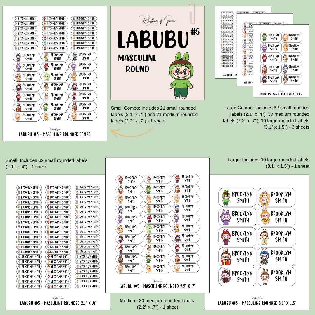 Collection of Labubu labels with different sizes and designs on a green background