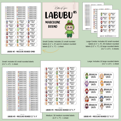 Collection of Labubu labels with different sizes and designs on a green background