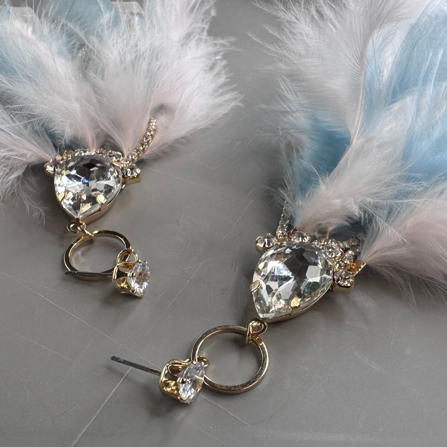 Dreamy Pink & Blue Feather Earrings – Rhinestone Dangles for Boho Queens