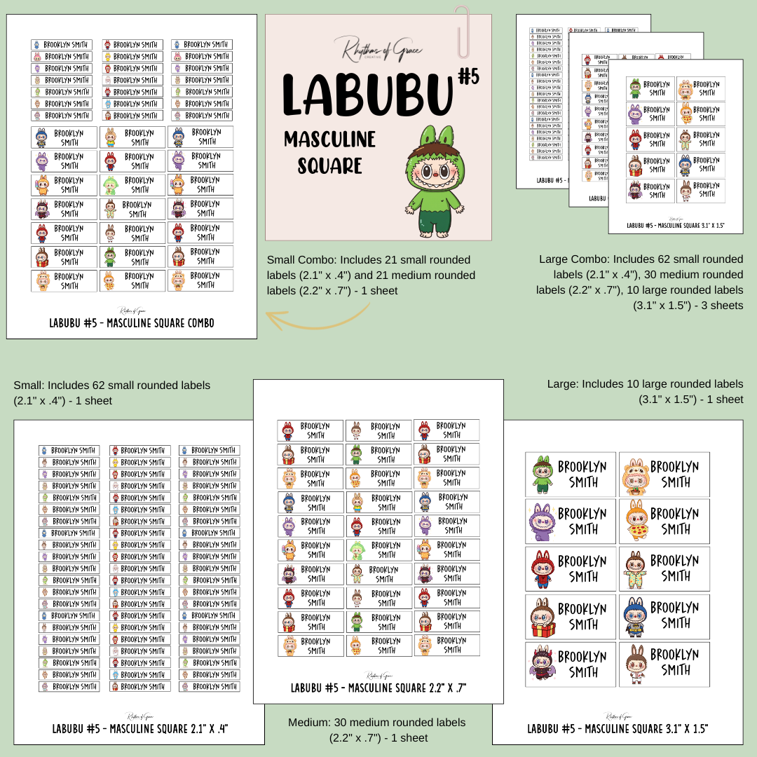 Collection of 'Labubu' labels with different sizes and designs on a green background.