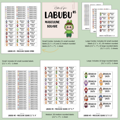 Collection of 'Labubu' labels with different sizes and designs on a green background.