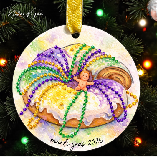 Watercolor Mardi Gras King Cake Ornament – A Sweet Slice of Carnival Season