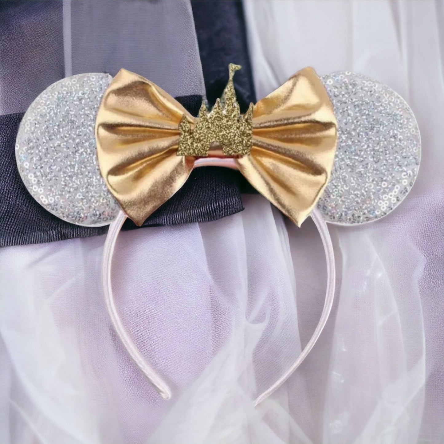 Princess Castle Mouse Ears, Gold Bow, Silver or Gold Castle - Brand New!