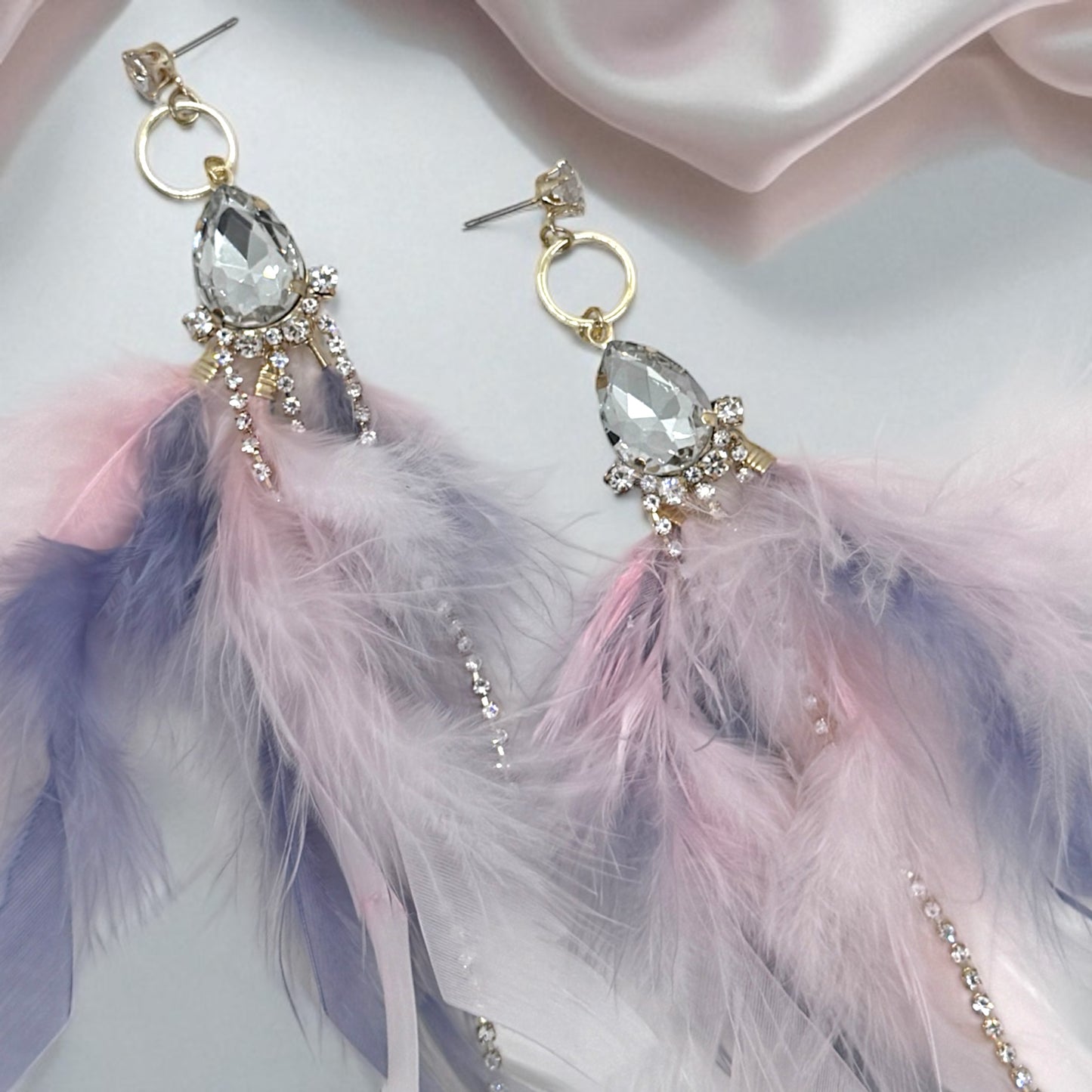 Dreamy Pink & Lavender Feather Earrings – Rhinestone Dangles for Boho Queens