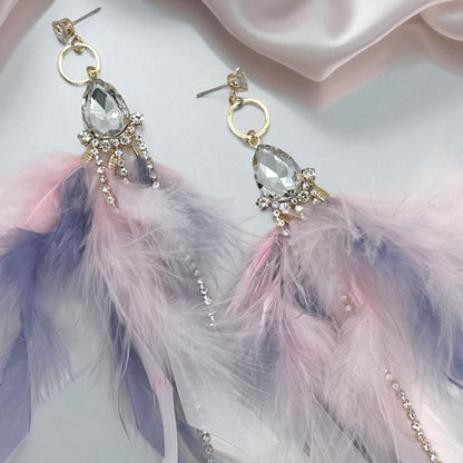 Dreamy Pink & Lavender Feather Earrings – Rhinestone Dangles for Boho Queens