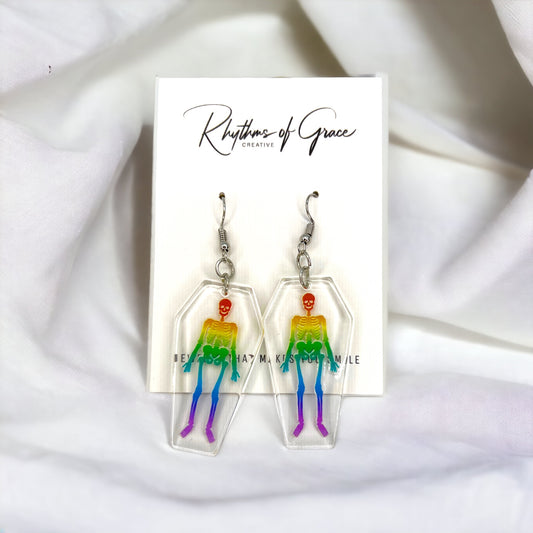 Pride Meets Punk – Rainbow Skeleton Dangle Earrings - Rhythms of Grace Creative