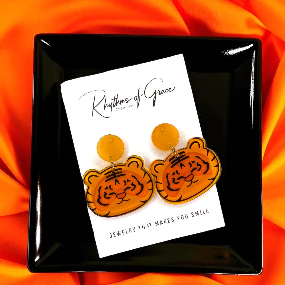 Unleash Your Inner Wildcat with Our Cartoon Tiger Earrings! 🐯🏈 - Rhythms of Grace Creative