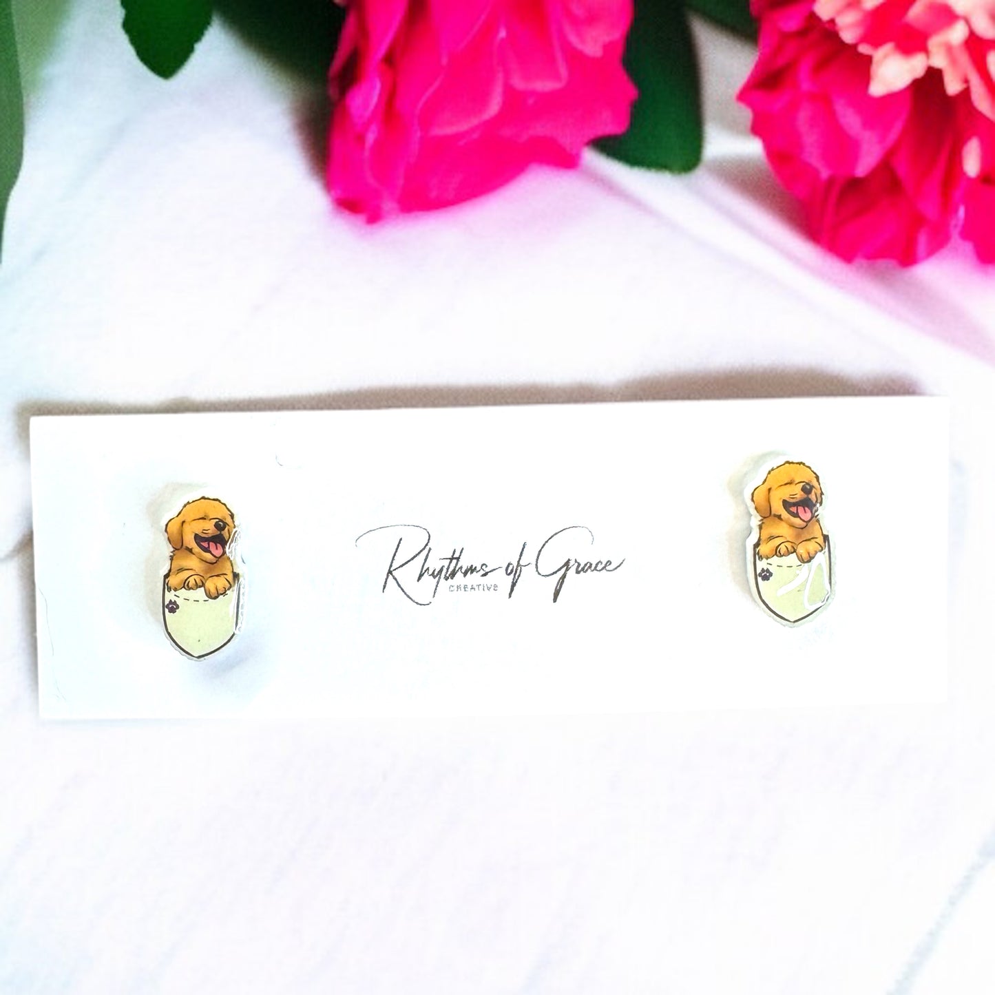 Adorable Golden Retriever Puppy Stud Earrings