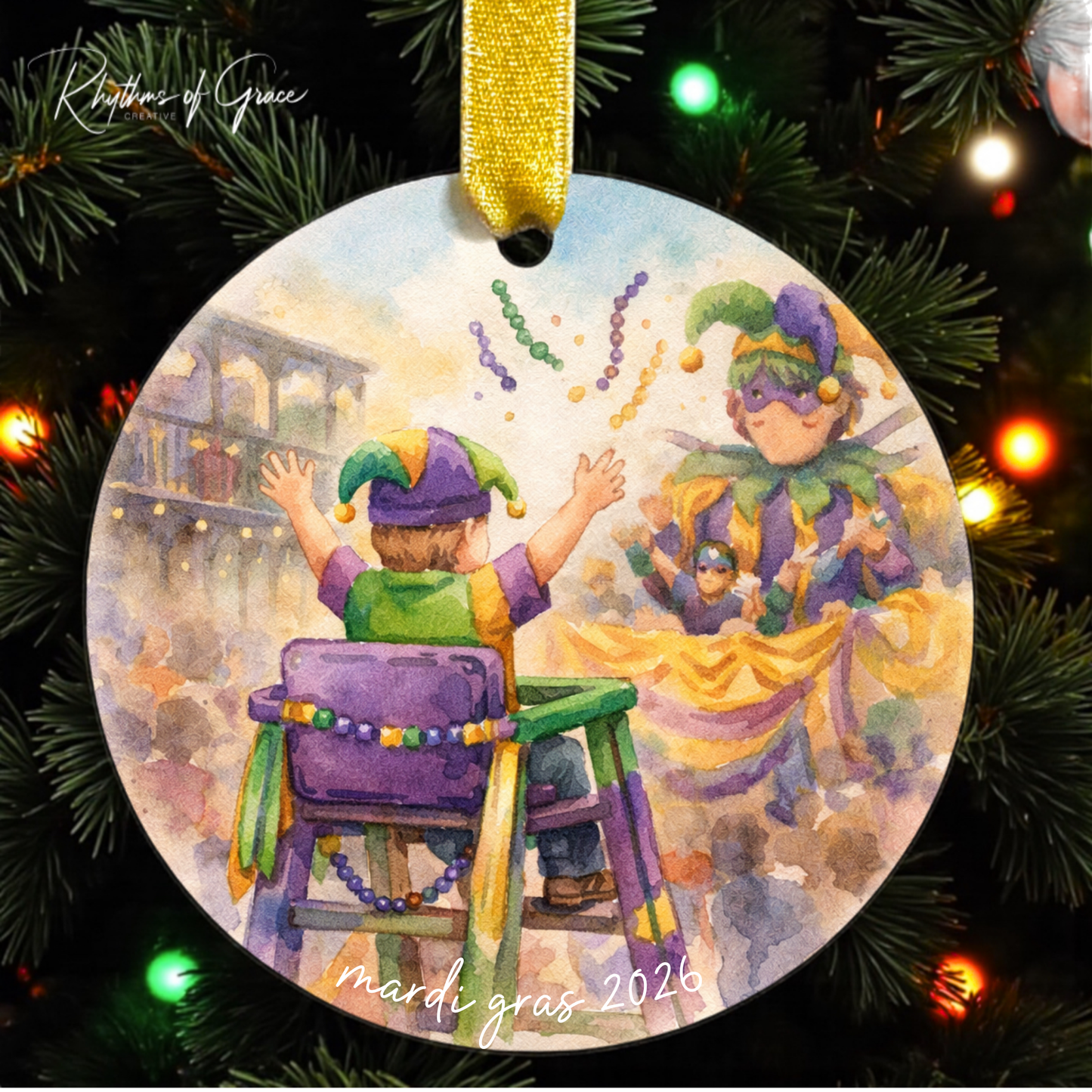 Mardi Gras Ladder Ornament | New Orleans Parade Watercolor Keepsake