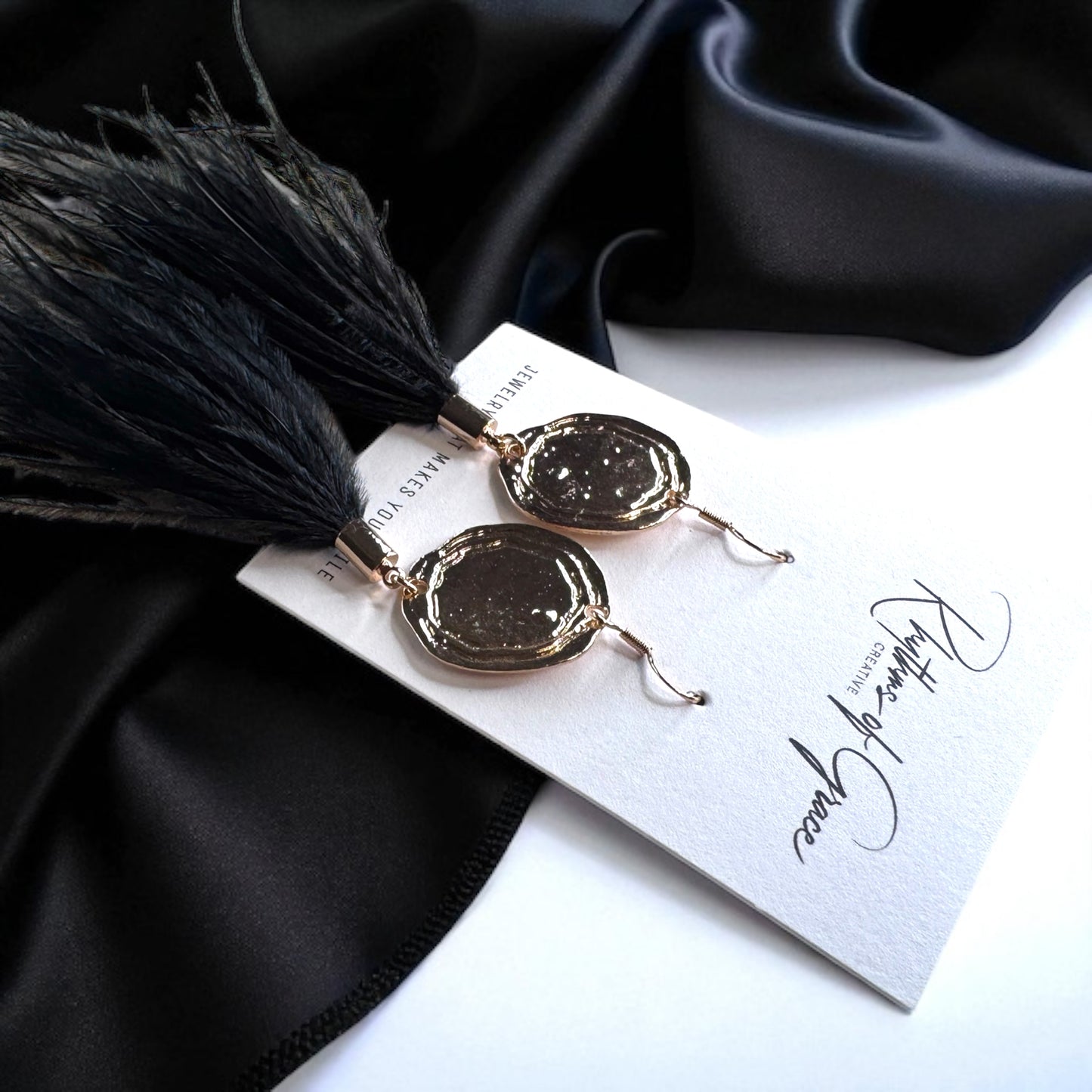 Boho Glam Vibes: Black Feather & Gold Charm Dangle Earrings – Lightweight, Bold & Beautiful!